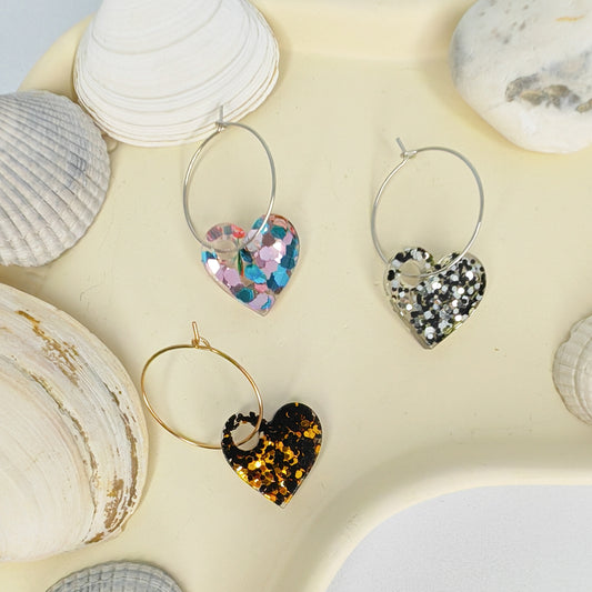ETINCELANTE - boucles d'oreilles cœur résine et paillettes - PLUSIEURS COLORIS
